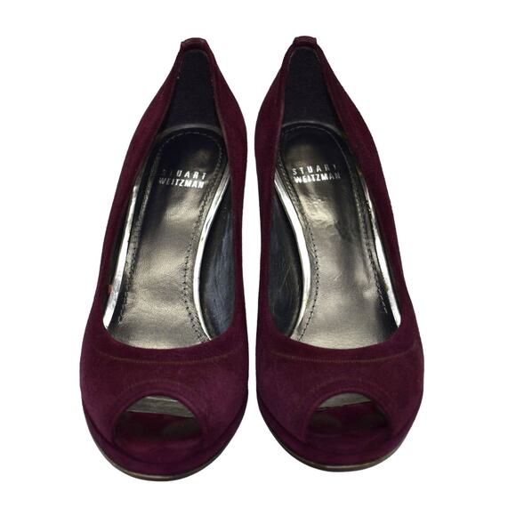 A5 Auth STUART WEITZMAN Logo Plainfield Bordeaux Suede Peep Toe Pumps Size 8.5 M - Picture 3 of 7